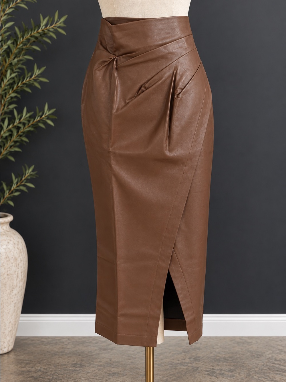 NWT Lucy Paris Brown Faux Leather Asymmetric Draped Midi Skirt S